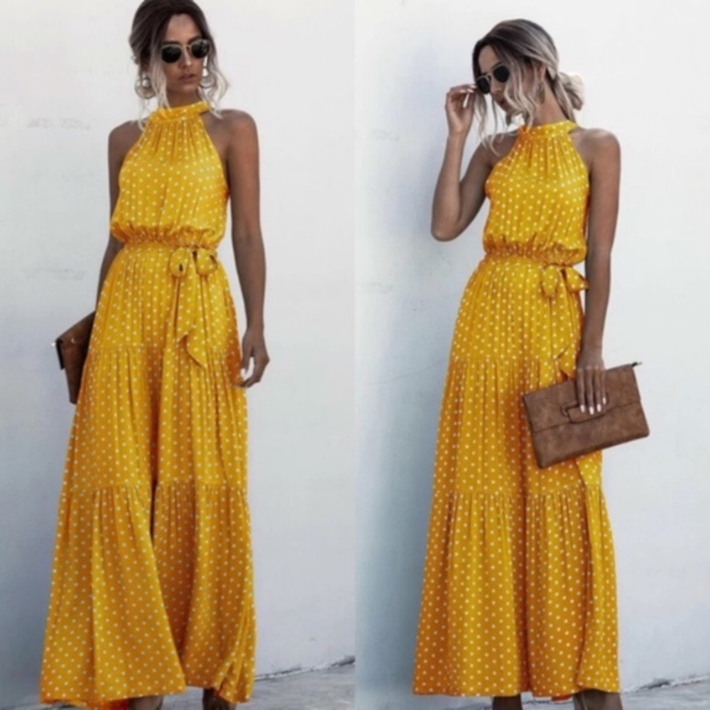 Boho polka dot layer ruffle Belted halter Maxi dress - Picture 4 of 4